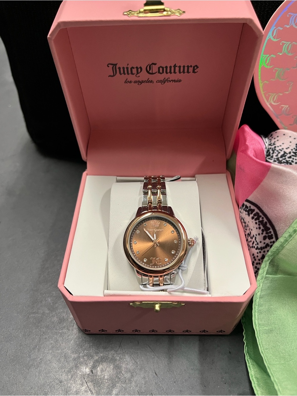 NIB Juicy Couture Women's Rose Gold Tone Bracelet Watch - JC Scarf included
